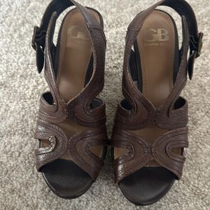 Brown Leather Peep Toe Wedges